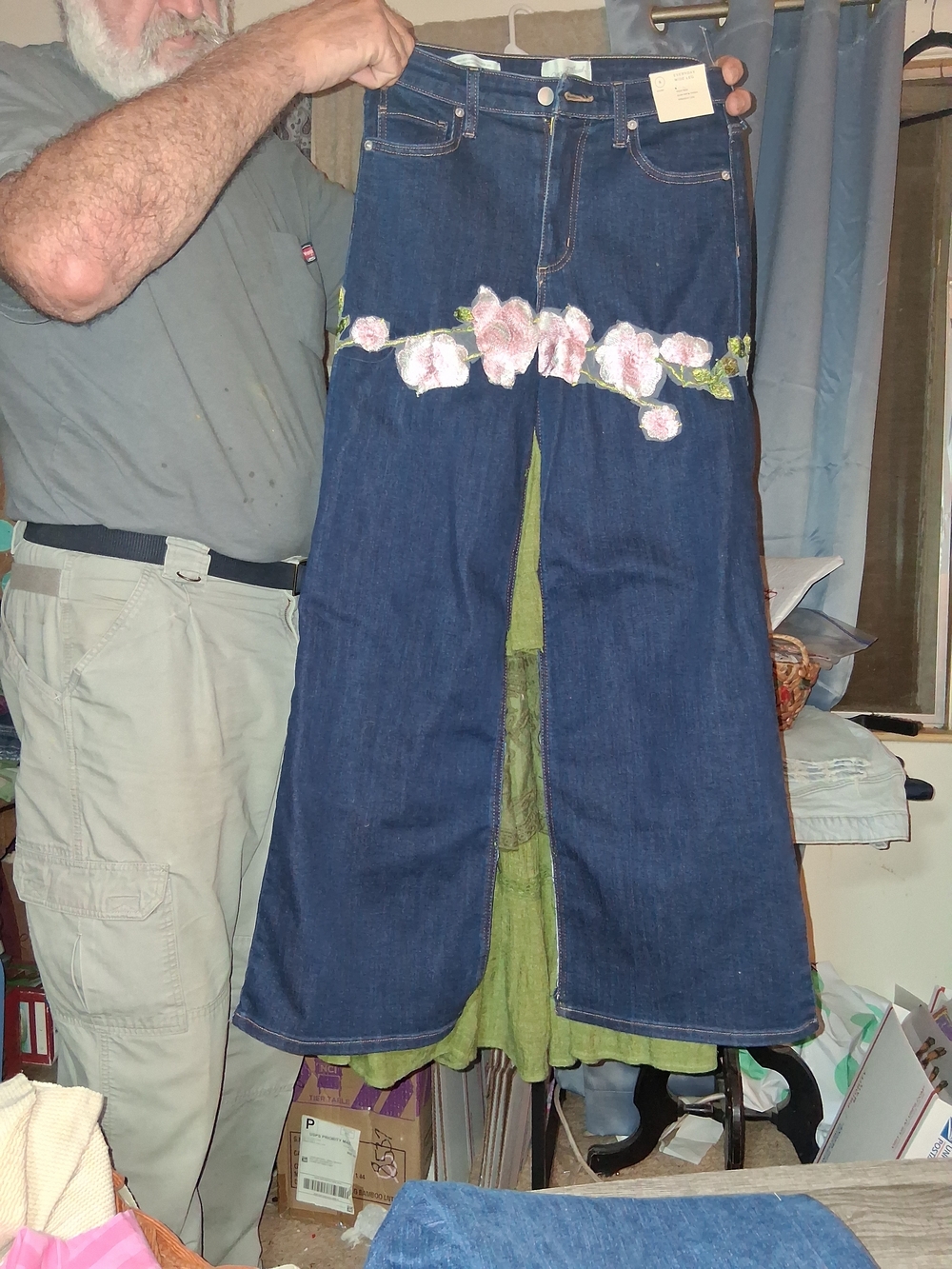 Universal Thread Dark Blue Denim A-Line Skirt with Pink Floral Embroidery